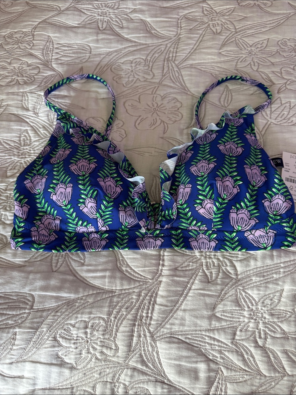 J. Crew Floral Ruffled Bikini Top - Purple & Green, size M new